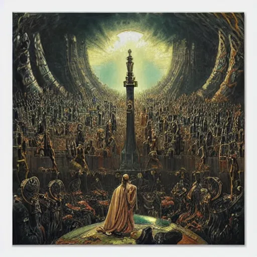 Image similar to full color and depth oil painting of the most epic chess game in all of time and space, by gustave dore, the great masters, cinematic, heavy metal album cover