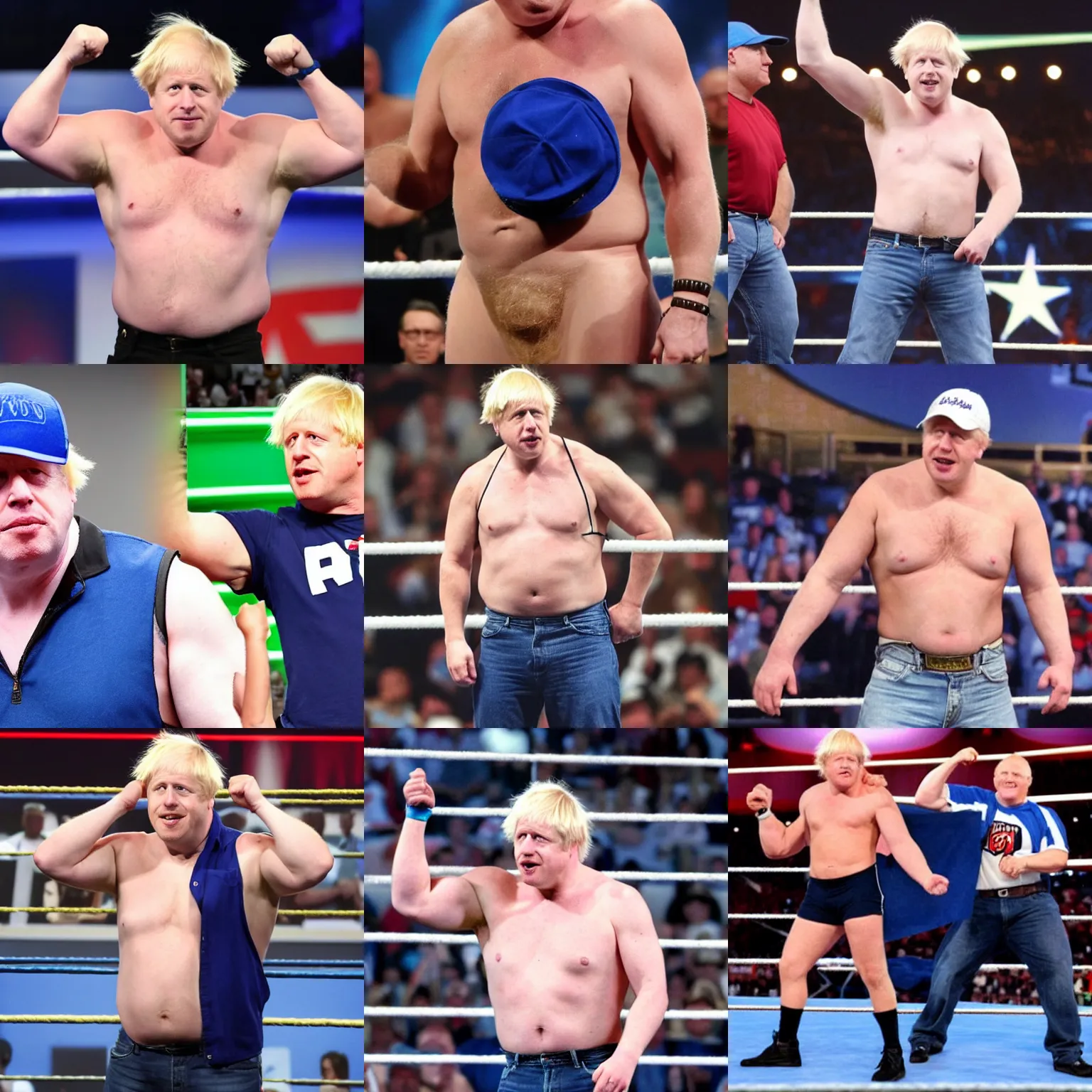 Image similar to boris johnson wearing a blue baseball cap hat and jeans in wwe as a muscular wrestler. he is holding one hand near his face