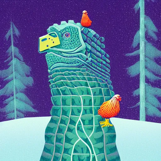 Prompt: a chicken riding a snowboard made of crocodiles by Mike Winkelmann Casey Weldon Ron Walotsky, beautiful aesthetic, trending on behance, digital illustration, custom brush, good art, perception of value