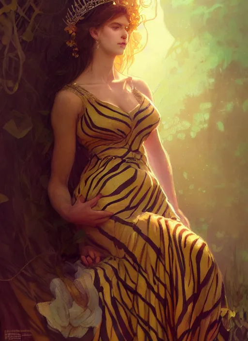Image similar to tiger striped high necked gown, lovely queen, portrait, long hair, small crown, feral languid woman, by greg rutkowski, anato finnstark, alphonse mucha, global illumination, radiant light