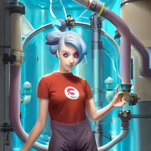 Image similar to British Pokemon original character with wild peach colored hair and heterochromia, Pixar style, beautiful woman, scientist, standing in a lab in front of a giant containment liquid filled tank, by Tristan Eaton Stanley Artgerm and Tom Bagshaw, Makoto Shinkai ilya kuvshinov and Wojtek Fus