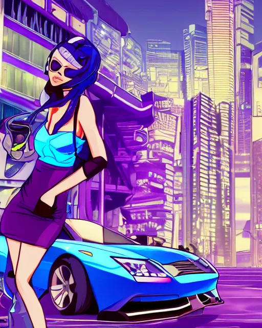 Image similar to cel shaded art of a pretty blue haired girl standing next to a purple lamborghinil, jet grind radio graphics, cyberpunk city street background