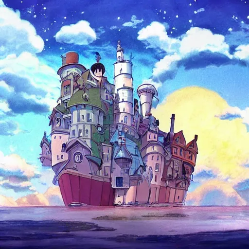 Prompt: a beautiful painting of a live action howls moving castle by studio ghibli, photorealistic, 4 k, ultra realism