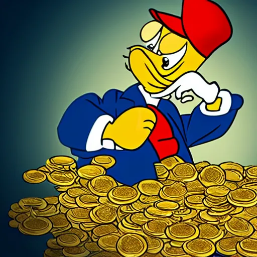 Prompt: scrooge mcduck driving into a pile of gold coins