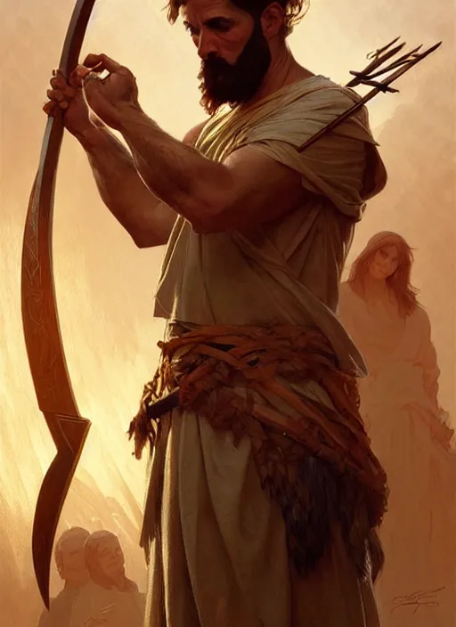 Image similar to portrait of biblical cain holding a spear, intricate, headshot, highly detailed, digital painting, artstation, concept art, sharp focus, cinematic lighting, illustration, art by artgerm and greg rutkowski, alphonse mucha, cgsociety