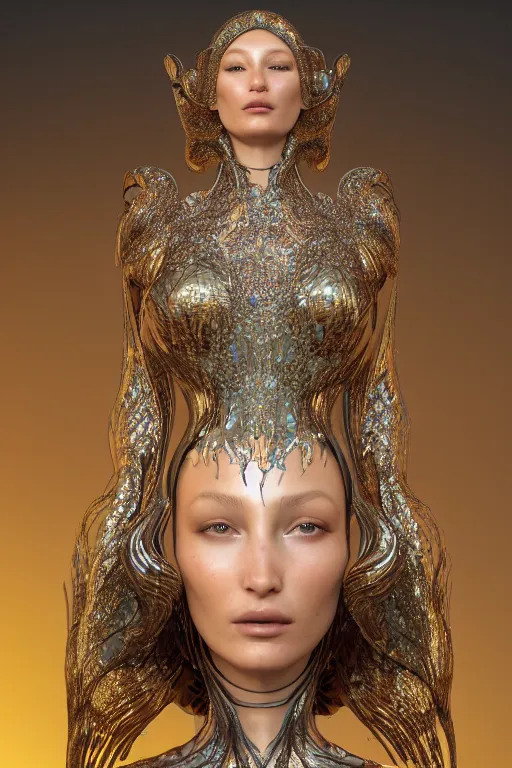 Image similar to a highly detailed metahuman 4 k close up render of an alien goddess bella hadid as aphrodite in iris van herpen dress schiaparelli in diamonds swarovski and jewelry in style of alphonse mucha gustav klimt trending on artstation made in unreal engine 4