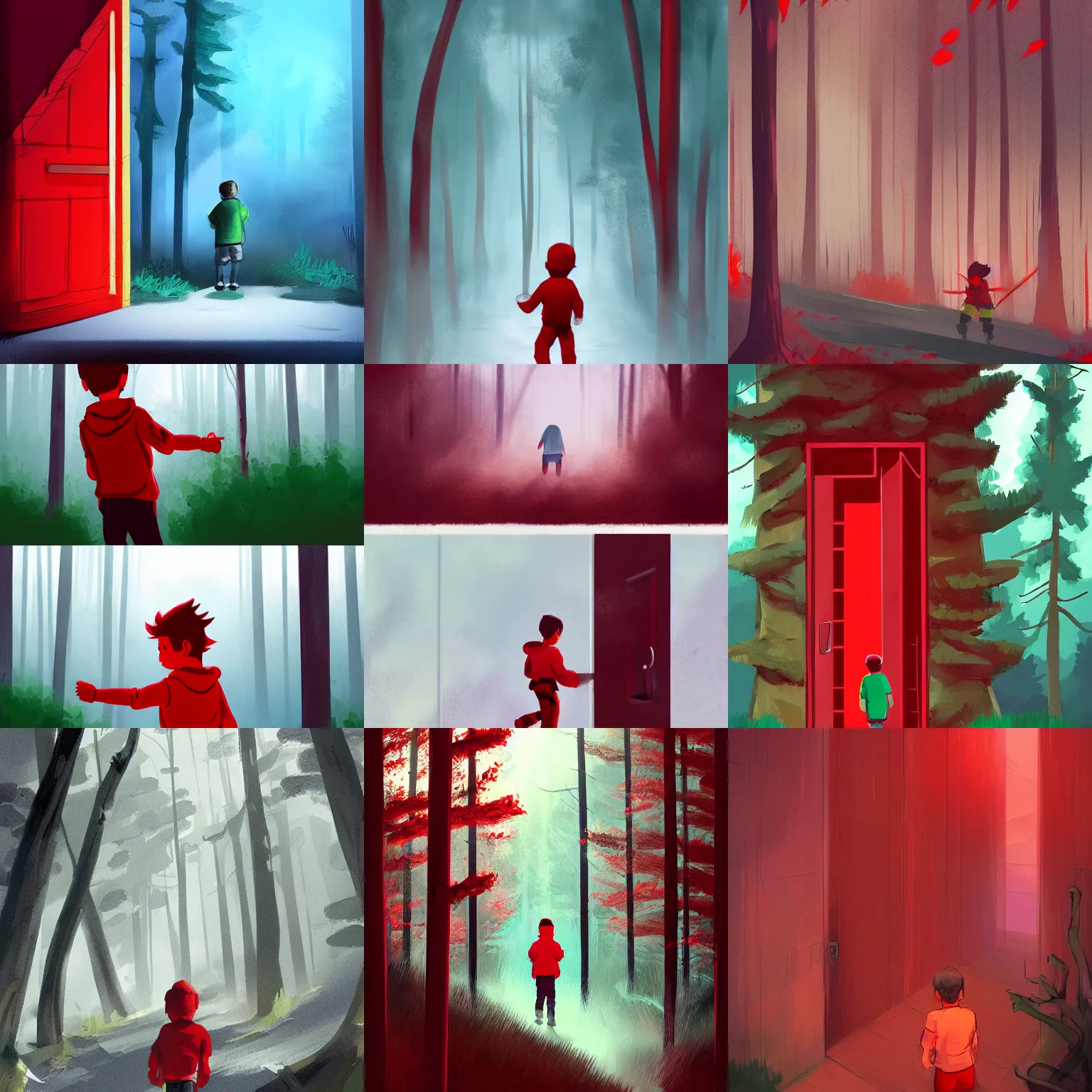 Prompt: boy in red is knocking the front door of a cabine in a forest, detailed, strong lighting, very conherent, by aenami and alena, trending on artstation