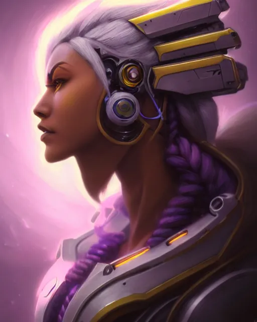 Image similar to sojourn from overwatch, bust, dreadlocks, gray hair, cyborg eyes, fantasy, fantasy art, fantasy, colorful, elegant, character portrait, portrait, close up, highly detailed, intricate detail, amazing detail, sharp focus, vintage fantasy art, vintage sci - fi art, radiant light, caustics, by boris vallejo