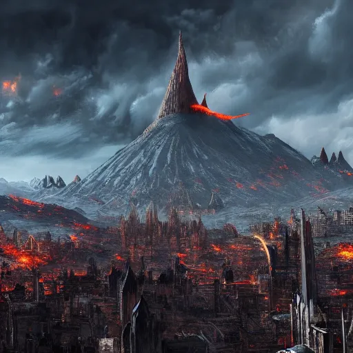 Prompt: mordor as a bustling city, extremely detailed, sharp focus, skyline, vast, gothic, lord of the rings, mount doom, 4 k, fantasy, concept art, gritty