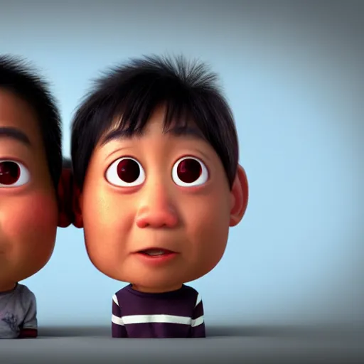 Image similar to asian man who can ’ t believe he ’ s holding a black twins, pixar, 3 d render, artstation, unreal engine