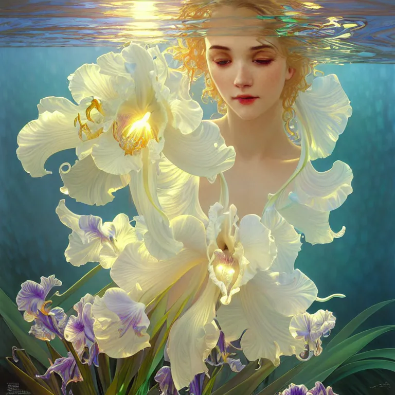 Image similar to detailed giant white holographic orchid iris hybrid flower surrounded by waves, lsd water, lsd ripples, droplets, backlit, sunset, refracted lighting, art by collier, albert aublet, krenz cushart, artem demura, alphonse mucha