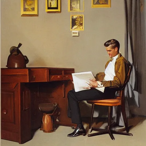 Prompt: man in desk with coffee and black suit by leyendecker and dean cornwell, 8 feet from the camera, 6 0 ´ s german design furniture