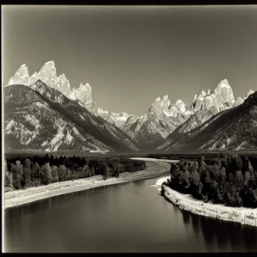 Prompt: the moon and the tetons and the snake river, by ansel adams,