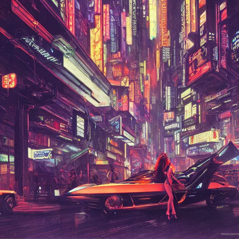 Prompt: scene of city night life with people dressed in futuristic clothes, cyberpunk designs, futuristic vehicles, automations, and faint glows of vivid color, cinematic, highly detailed, intricate, super focus, realism, from blade runner concept art, renaissance painting, by syd mead and edward hopper