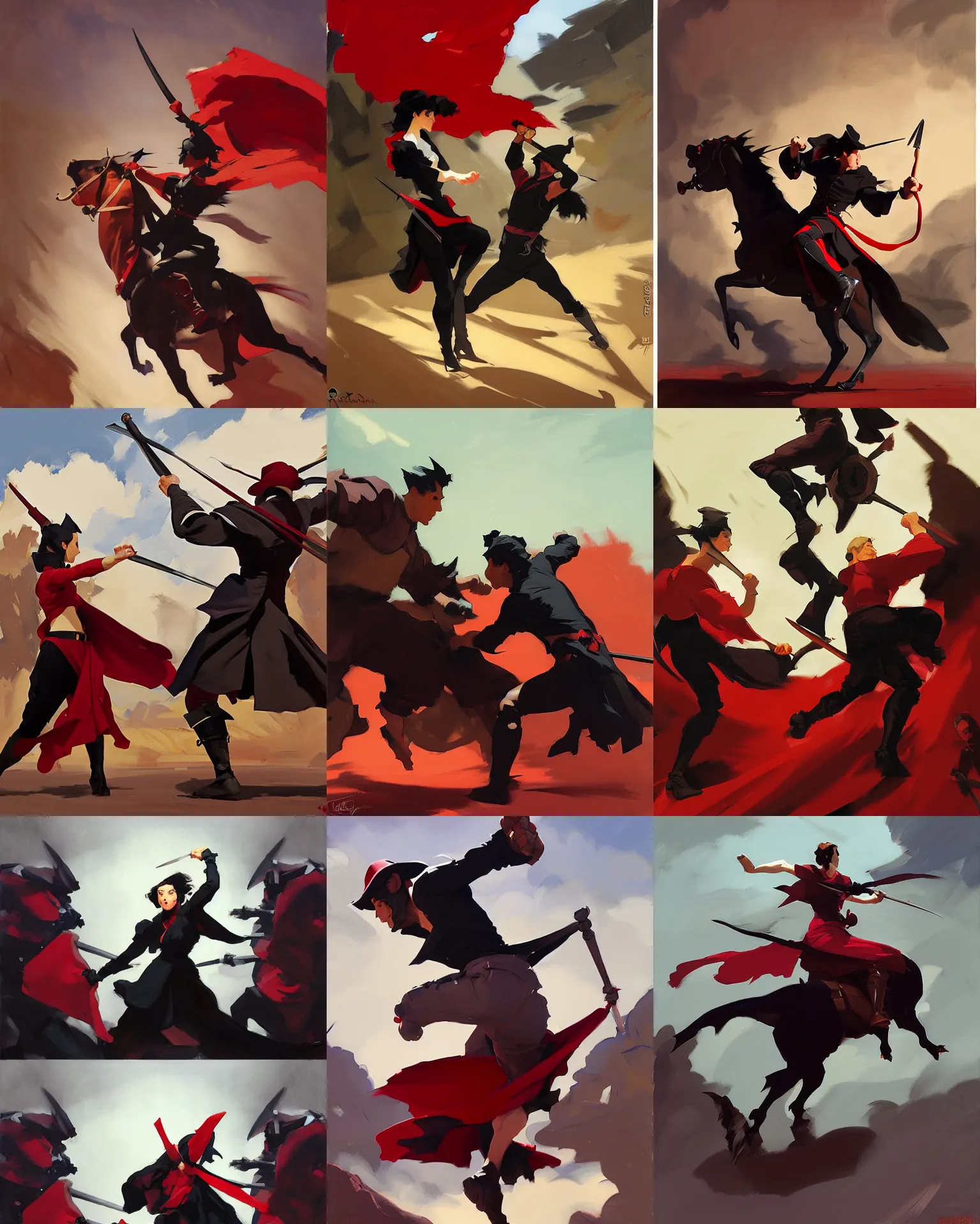 Prompt: black red cloth fabric jodhpurs greg manchess fighting scene painting by sargent and leyendecker, studio ghibli, fantasy, medium shot, asymmetrical, intricate, elegant, matte painting, illustration, hearthstone, by rhads by greg rutkowski, by greg tocchini, by james gilleard, by joe fenton