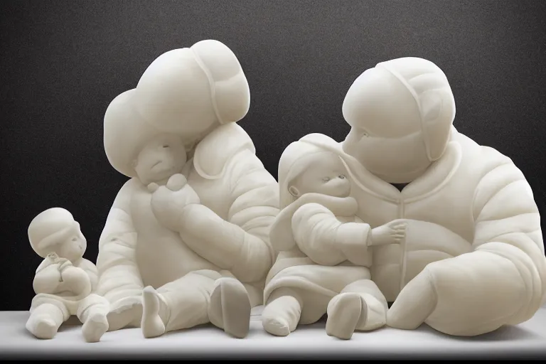 Image similar to alabaster light scatter translucent sculpture of the Bibendum family portrait, backlight, Michelin Man family portrait, luminescence, sculpture, photograph, studio lighting, product photography, while marble, figurine, unreal engine, cryengine,