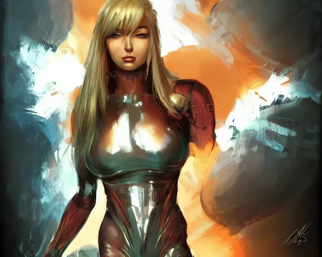 Image similar to portrait of samus aran as a very attractive happy female bodybuilder atompunk princess, elegant, fantasy, hd shot, digital portrait, beautiful, artstation, comic style, by artgerm, guy denning, jakub rozalski, magali villeneuve and charlie bowater