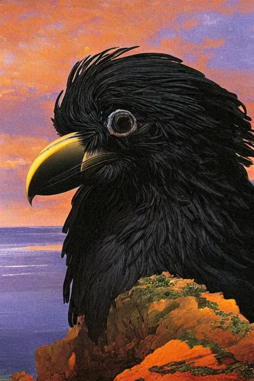 Prompt: a breathtakingly stunningly beautifully highly detailed extreme close up portrait of a majestic raven, a rock arch overhead framing top of shot, epic coves crashing waves plants, beautiful clear harmonious composition, dynamically shot, wonderful strikingly vivid orange beautiful dynamic sunset with epic clouds, detailed organic textures, by frederic leighton and rosetti and turner and eugene von guerard, 4 k