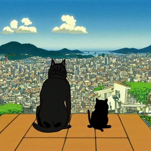 Prompt: a black cat and pug dog hold hands and look out over a city, Miyazaki, studio ghibli