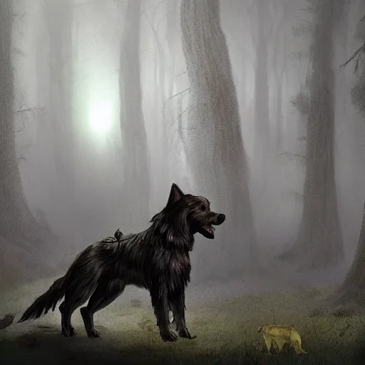 Prompt: A spectral dog following you through the woods, 8k resolution matte grimdark fantasy painting, cinematic lighting, DeviantArt Artstation, by Brom