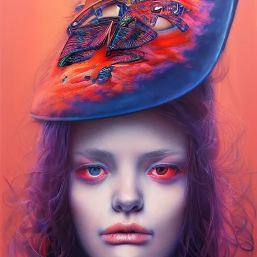 Image similar to beautiful portrait of a cyberpunk female, neon orange baseball cap by Marco Mazzoni and Hannah Yata