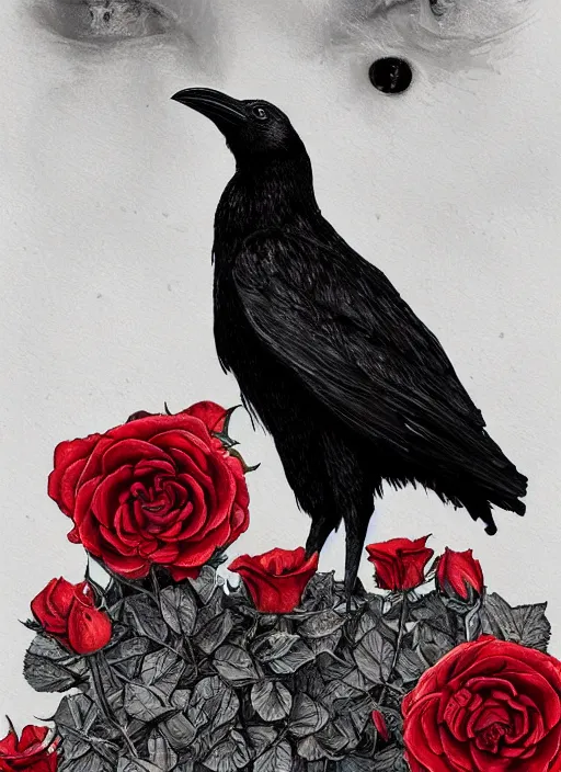 Image similar to portrait, A proud crow with red eyes in front of the full big moon, book cover, red roses at the top, red white black colors, establishing shot, extremly high detail, foto realistic, cinematic lighting, pen and ink, intricate line drawings, by Yoshitaka Amano, Ruan Jia, Kentaro Miura, Artgerm, post processed, concept art, artstation, matte painting, style by eddie mendoza, raphael lacoste, alex ross