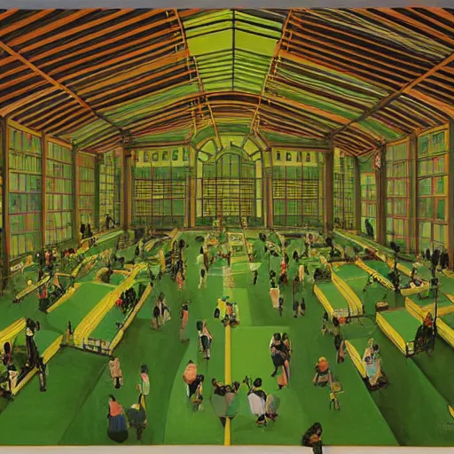 Image similar to A beautiful painting of a large room with many people in it. There is a lot of activity going on, with people talking and moving around. The room is ornately decorated and there is a large window at one end. cyber noir, lime green by Taiyō Matsumoto AWESOME, elegant