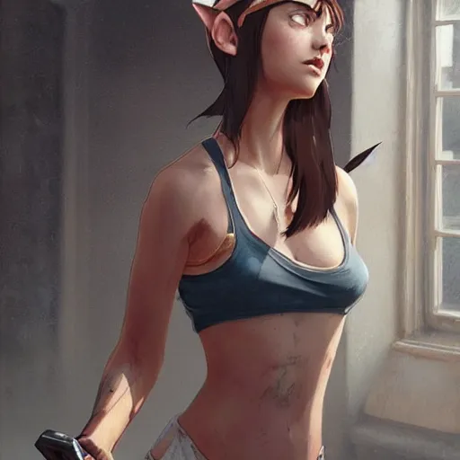 Prompt: woman wearing tank top and cat ears plays on computer, digital art, photorealistoc, art by greg rutkowski, hyperdetailed, western comic style, comic, comic style, sharp lineart, professional lighting, deviantart, artstation, trevor henderson, rossdtaws, cinematic, dramatic