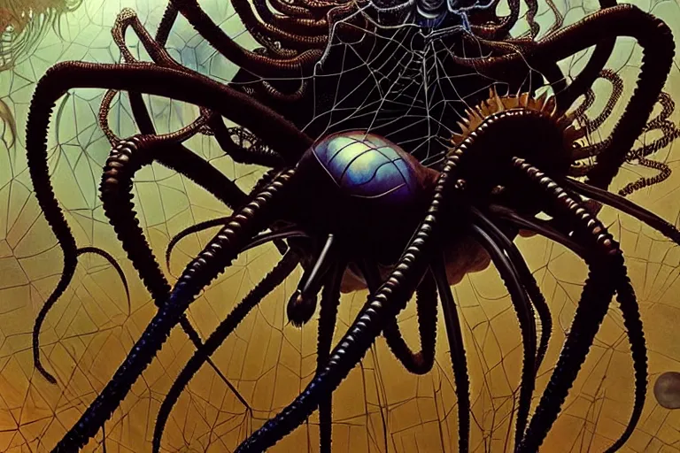 Image similar to realistic detailed portrait movie shot of a beautiful black woman riding a giant spider, dystopian city landscape background by denis villeneuve, amano, yves tanguy, alphonse mucha, max ernst, ernst haeckel, kehinde wiley, caravaggio, david lynch, roger dean, cyber necklace, rich moody colours, sci fi patterns, dramatic, wide angle