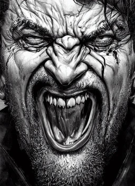 Image similar to close up portrait of an insane man, screaming, middle aged, scars, powerful, domineering, stoic, masterful, intense, ultrafine hyperdetailed illustration by kim jung gi, irakli nadar, intricate linework, sharp focus, octopath traveler, yoji shinkawa, highly rendered, detailed, concept art