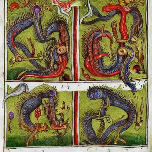 Image similar to medieval bestiary of repressed emotion monsters and creatures starting a fiery revolution in the psyche, in the style of COdex Seraphinianus