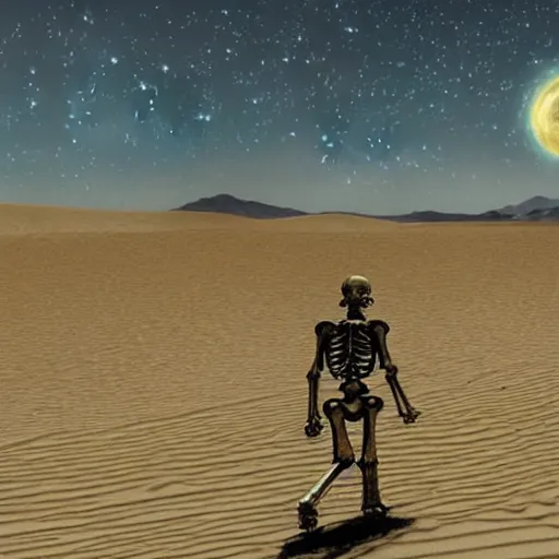 Image similar to 3 d render, skeleton, walking, desert, ship, in the style of van gogh starry night.