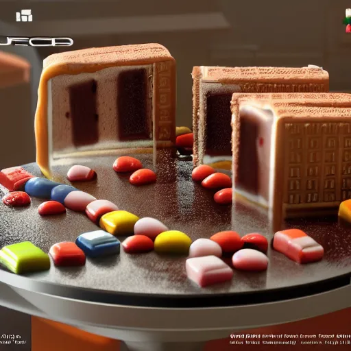 Image similar to a jello chocolate candy lollipop snickers bar icecream cake muffin jaffa marshmallow nougat waffle candy gummy jelly sandwich, volumetric lighting, octane render, unreal engine, 8k, hd, perfect, decadent, highly detailed, stroopwaffel