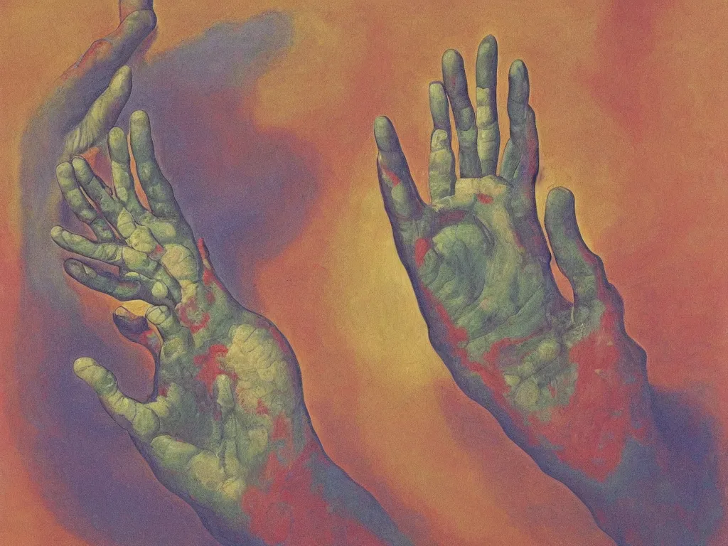 Prompt: sculpted hand with visible veins holding an eye. a vision at the glowing sacred rock. painting by mark rothko, ernst haeckel, agnes pelton, brancusi
