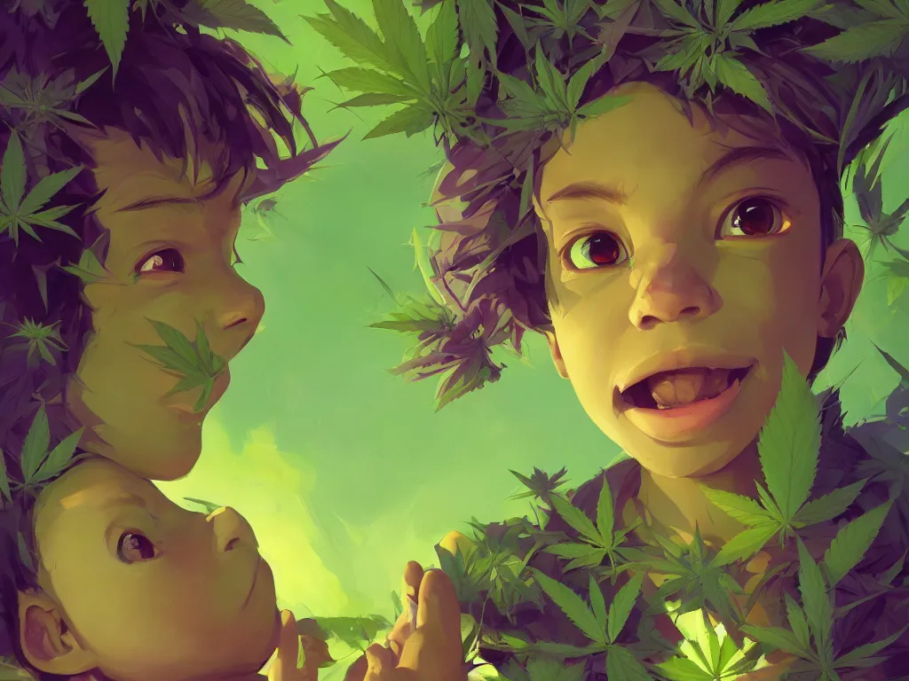 Prompt: kid with symmetrical beauty face, green flowers of marijuana purple glow hemp cannabis, behance hd, by jesper ejsing, by rhads, makoto shinkai, lois van baarle, ilya kuvshinov, rossdraws global illumination, golden ratio