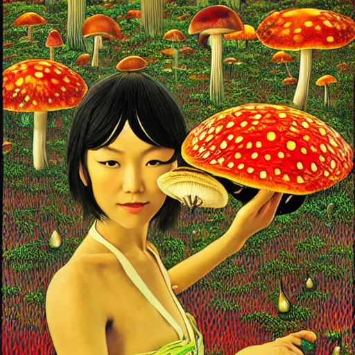 Image similar to a japanese psychedelic love goddess, a sense of awe, offering mushrooms, illustration, slime, amanita - muscaria, elegant, hyper realistic, super detailed, by tadanori yokoo