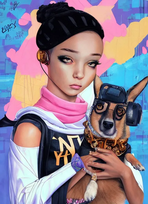 Prompt: beautiful portrait painting of a hiphop lofi cyberpunk princess girl and her corgi chilling to Lofi hiphop, by Afarin Sajedi, Alessandro Barbucci, Alex Gross, WLOP, Shohei Otomo, Josan Gonzalez, Kieron Gillen. trending on Artstation, 8k, masterpiece, face enhance, graffiti paint, fine detail, full of color, intricate detail, golden ratio illustration