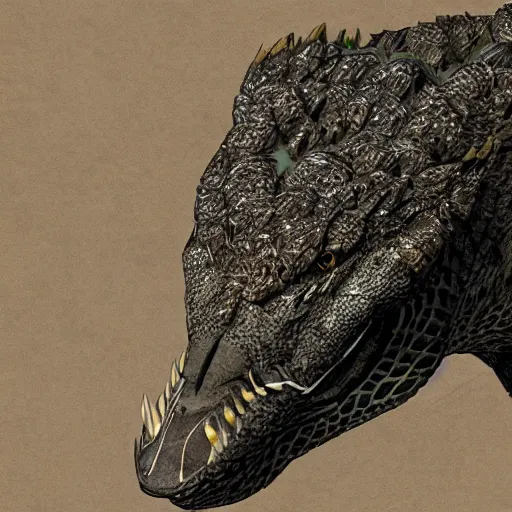 Image similar to Fur covered crocodile with a wolve's head, concept art, photoshop artwork, highly detailed