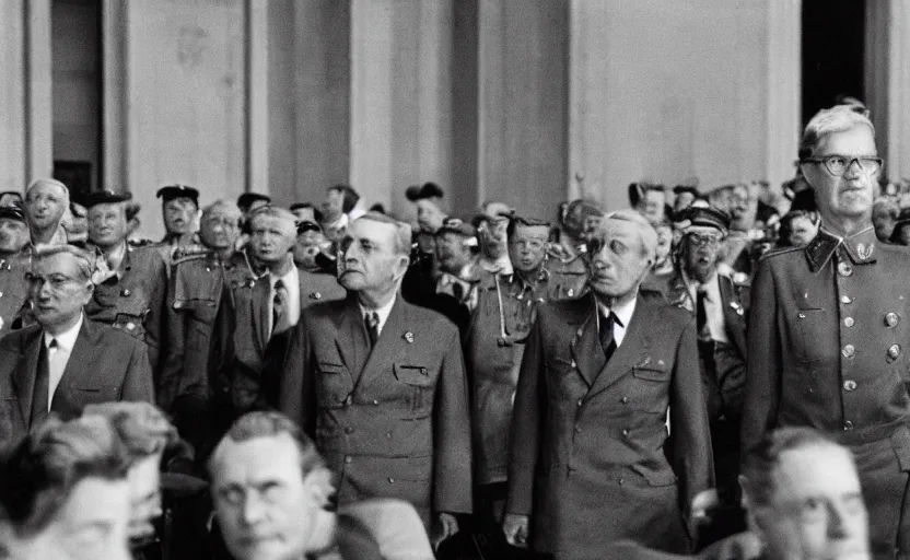 Image similar to 50s movie still of very diverse soviet generals head with very detailed faces in a stalinist parlement, by Alexei Guerman, Cinestill 800t 35mm black and white, heavy grainy picture, very detailed, high quality, 4k, HD criterion, precise texture, diverse faces, diverse haircuts, diverse ages