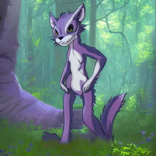 Image similar to concept art painting of an anthropomorphic purple gray hybrid reptile anime furry, in the deep forest, realistic, detailed, cel shaded, in the style of makoto shinkai and greg rutkowski and james gurney