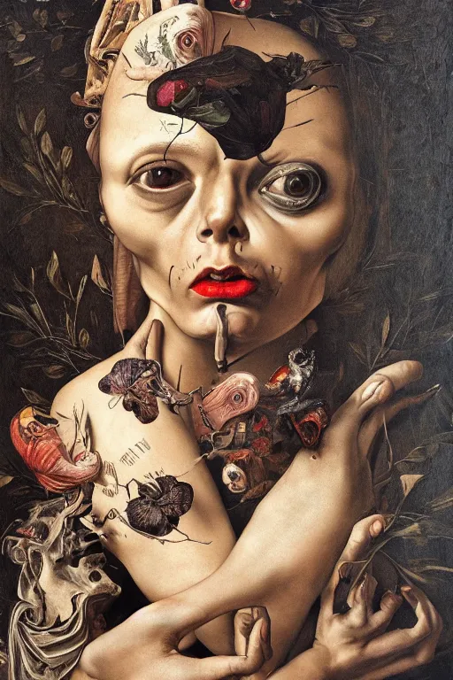 Prompt: Detailed maximalist portrait with large lips and with large wide eyes, surprised expression, surreal extra flesh and bones, HD mixed media, 3D collage, highly detailed and intricate, illustration in the style of Caravaggio, dark art, baroque