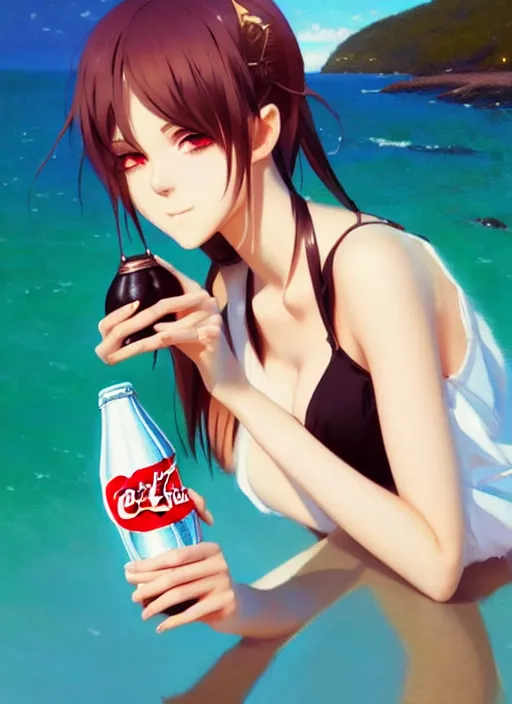 Image similar to full body picture of a extremely beautiful and attractive and cute and aesthetic girl drinking a coke, highly detailed face, very thirsty, dripping on the body, sharp focus, shiny day on the beach, specular reflection, occlusion shadow, trending on artstation, epic light novel cover art, art by ilya kuvshinov and sakimichan and jeremy lipking