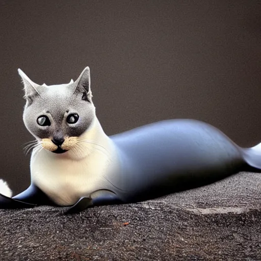 Prompt: a feline sealion - cat - hybrid. animal photography,