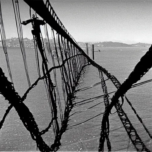 Image similar to 1 9 7 0 s, movie still frame, black and white, photorealistic highly detailed, 8 k, sit - com, body - horror, chtulhu emerges in san francisco bay, wires