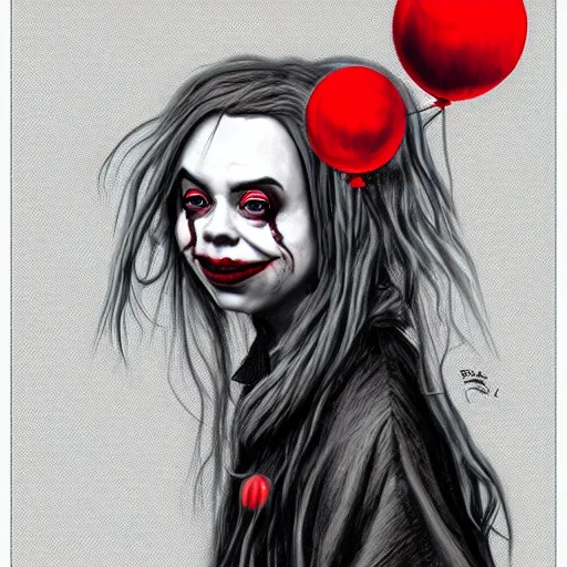 Image similar to surrealism grunge cartoon portrait sketch of billie eilish the raven with a wide smile and a red balloon by - michael karcz, loony toons style, pennywise style, horror theme, detailed, elegant, intricate