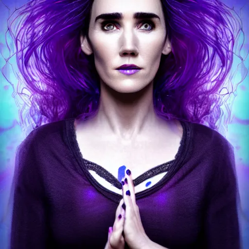 Prompt: beautiful witch female, Jennifer Connelly, blue and purple glowing hair, smiling, clear clean face, two perfect eyes, perfect eyes perfect symmetrical eyes, symmetrical face, blurry background, pose, Alexandra Fomina, face by Ilya Kushinov style, painterly style, high contrast