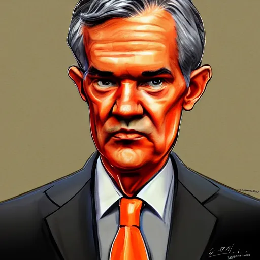 Prompt: Jerome Powell in an orange jail suit, digital art, artstation, caricature, satire