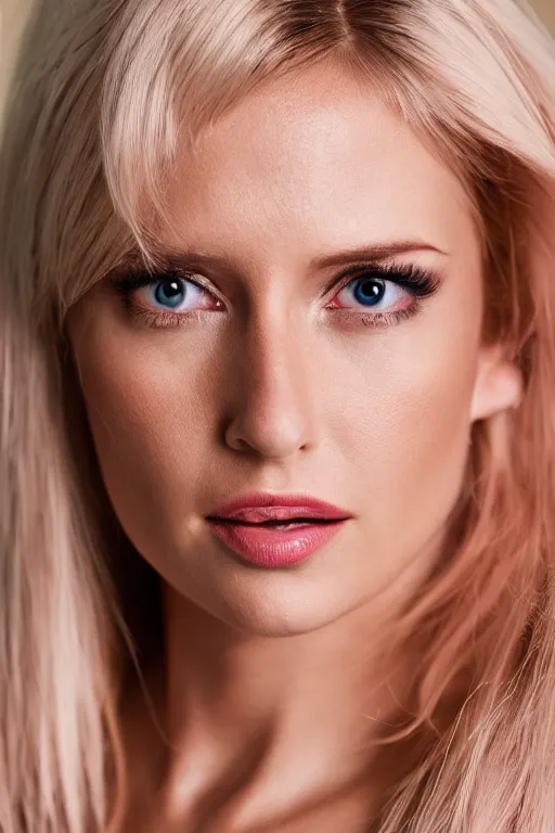 Prompt: 2 8 year old professional blonde female model wearing pink blouse, portrait, neck zoomed in, photo realistic, slr, studio lighting, golden hour, 4 k, high definition