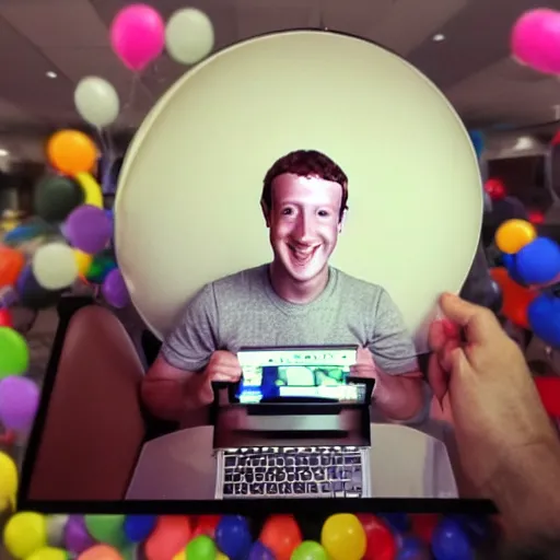 Image similar to mark zuckerberg is inside a computer monitor, wishing handsome bearded man happy birthday, confetti, cake, balloons, the words happy birthday wilson