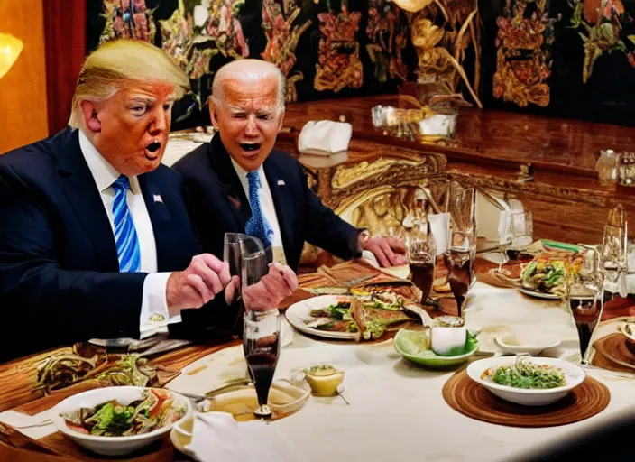 Image similar to Trump and Biden having dinner at a fancy Balinese restaurant, award winning cinematic photography, 50 mm, blurred background, trending on twitter